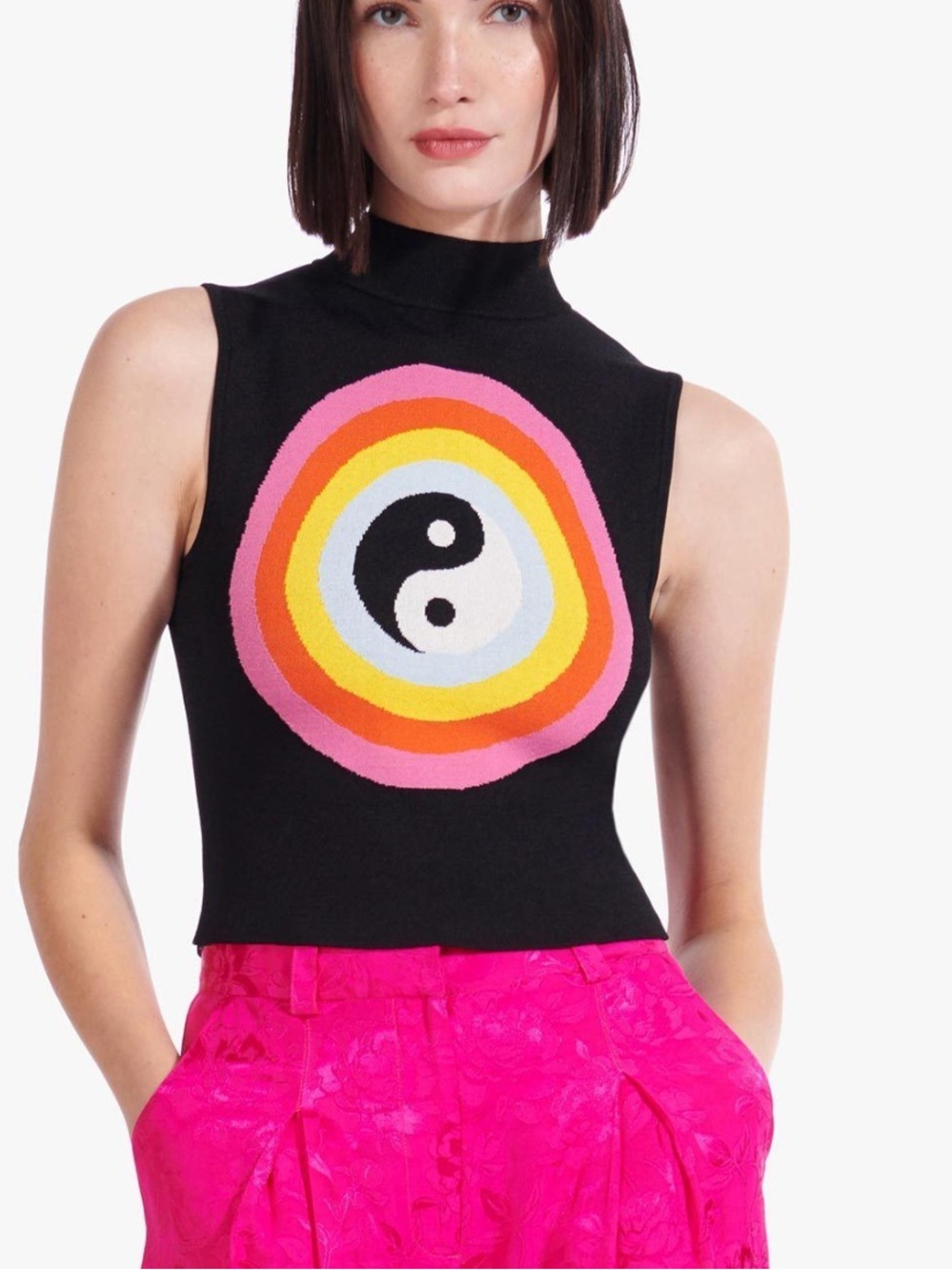 STAUD Black Crop Top with Multicolor Yin-Yang Design Small